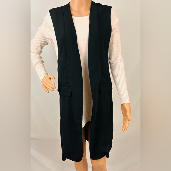 LUSH - Black Sleeveless Long  Open Front Polyester Vest with Side Slits … - Picture 9 of 11